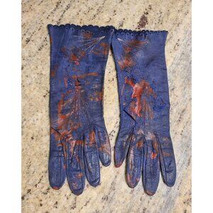 Vintage Size S Blue Leather Long Gloves Slashed Fake Bloody Slashed Zombie War